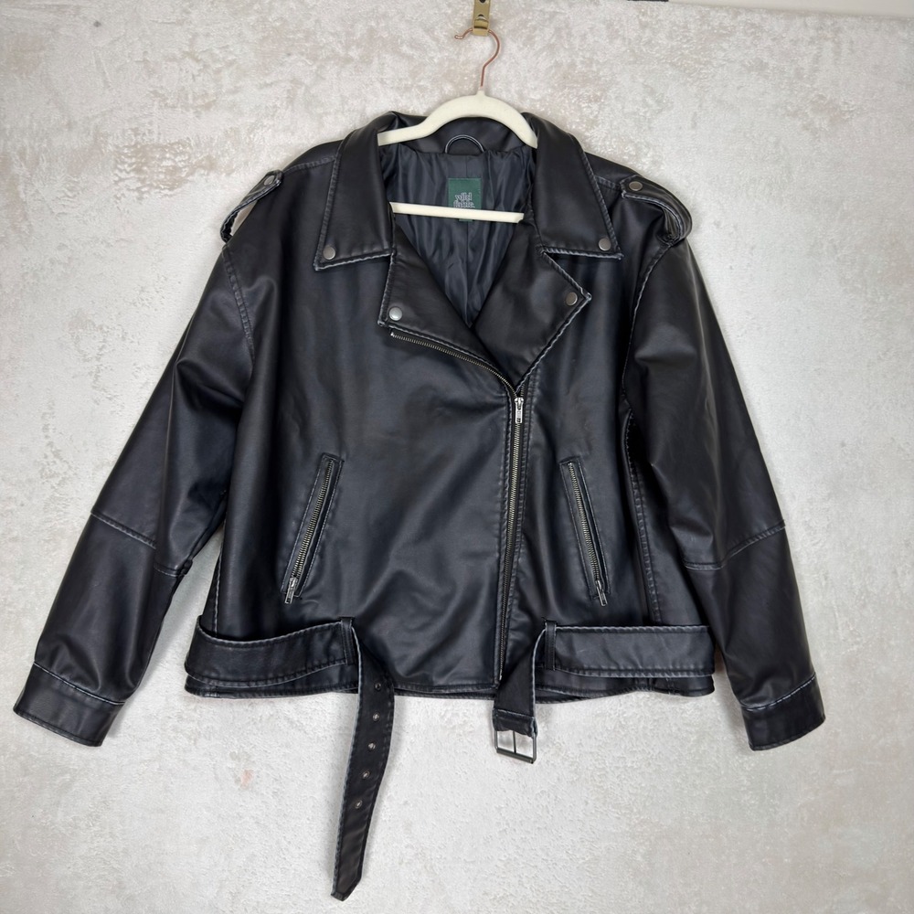 Wild Fable Black Faux Leather Moto Biker Jacket Belted 1X NWOT